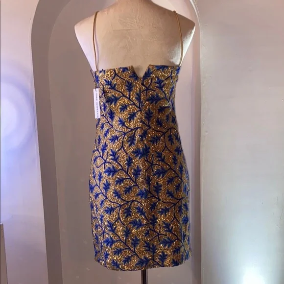 Blue and Gold Sheath Mini Dress with Spaghetti Straps - Picture 3 of 5